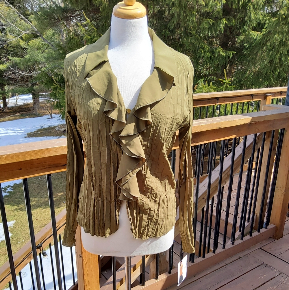 Olive Green Ruffle Front Blouse Made In Canada